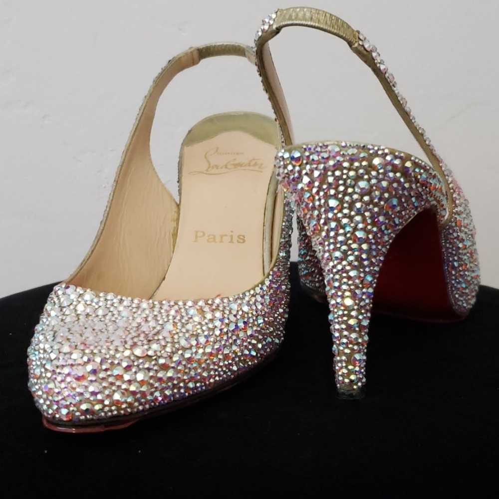 Christian Louboutin Iridescent Crystal Slingback Heels Sz 7.5